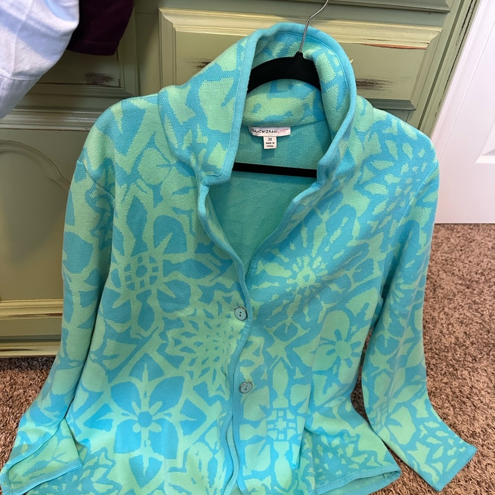 Isaac Mizrahi Blue and Green Floral Sweater Blazer